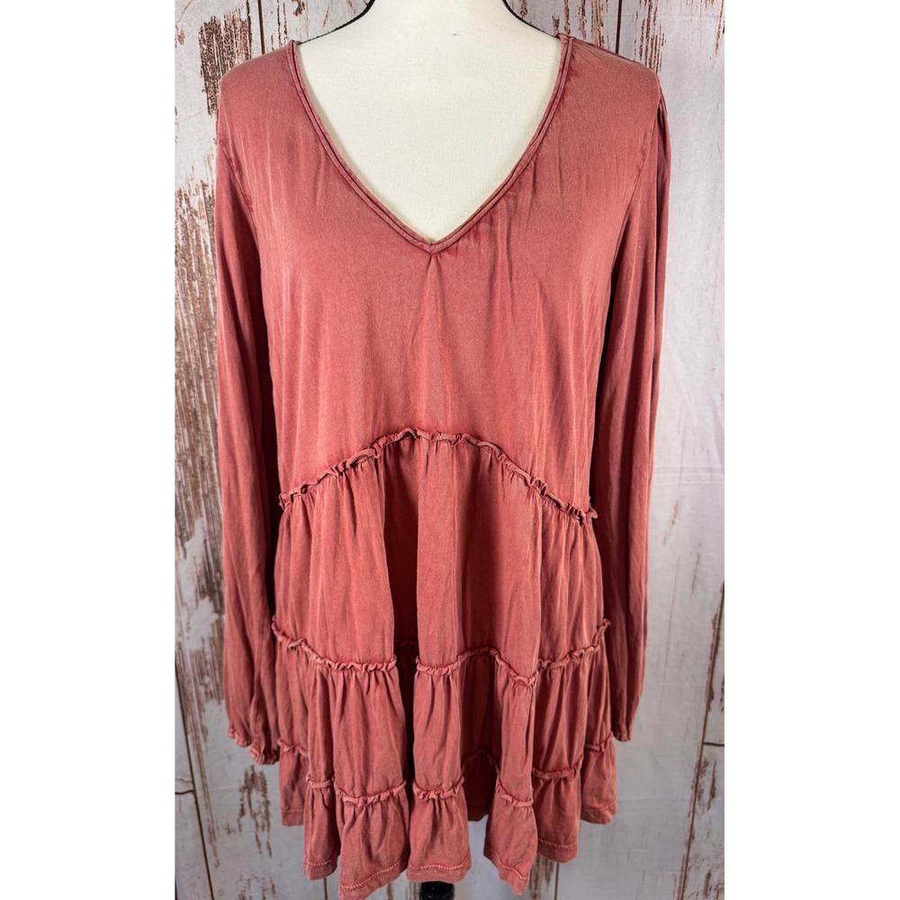 by Anthropologie Terracotta Tiered Ruffle Babydoll Tunic Top Womens Lg Excellent